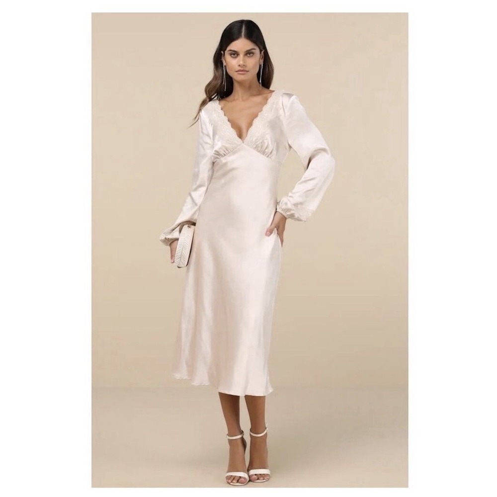 Lulus Satin Lace Trim Midi Bridal Girls Date Night Champagne Dress Size L